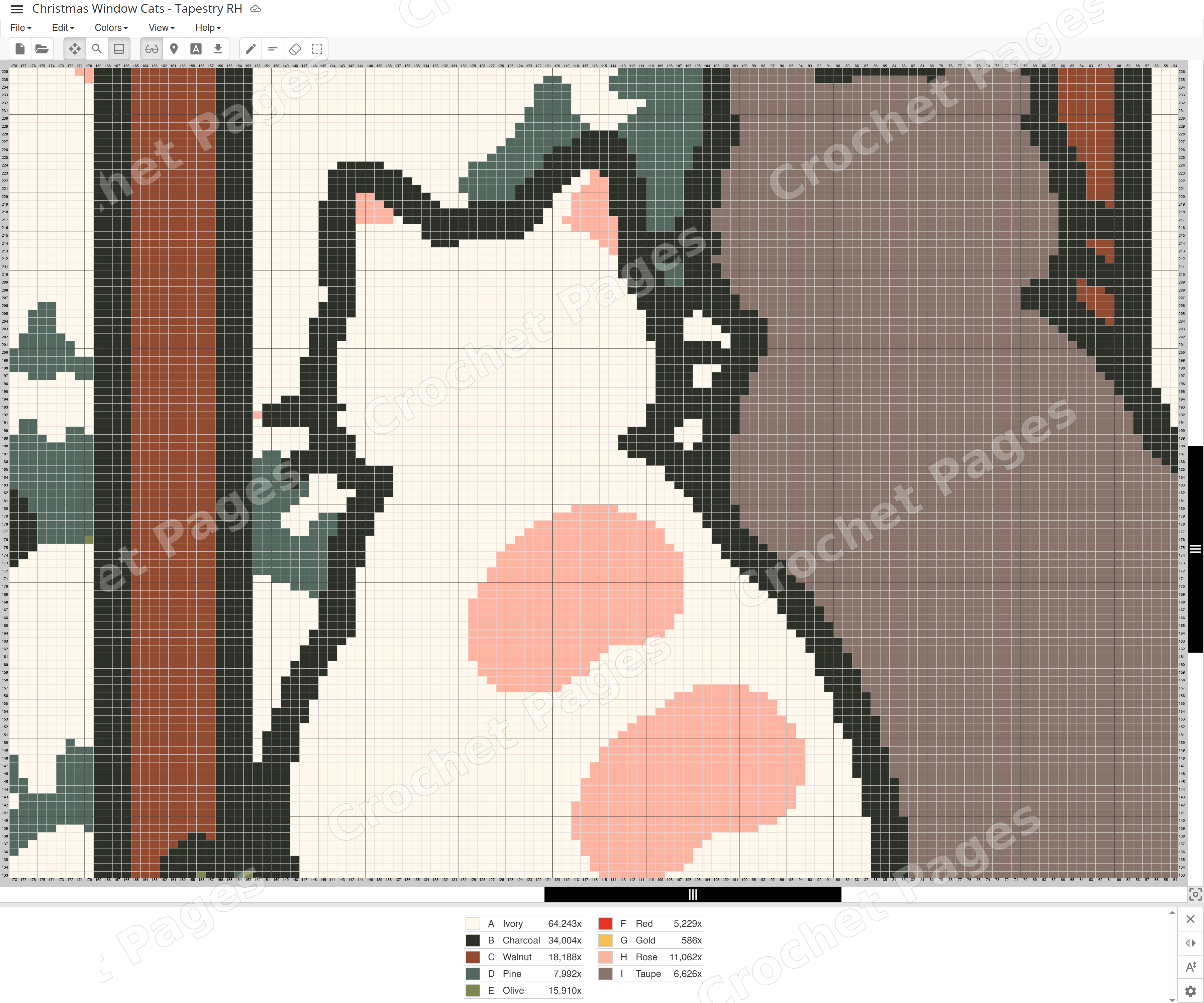 Actual Stitch Fiddle chart detail for Christmas Window Cats, showing single crochet cells, row and stitch numbers and color legend. Partial chart only.