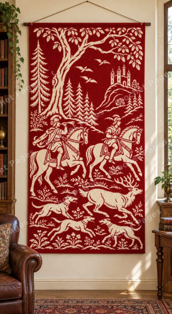 Medieval Stag Hunt crochet wall hanging mockup, showing the full colorwork design in a cozy room.