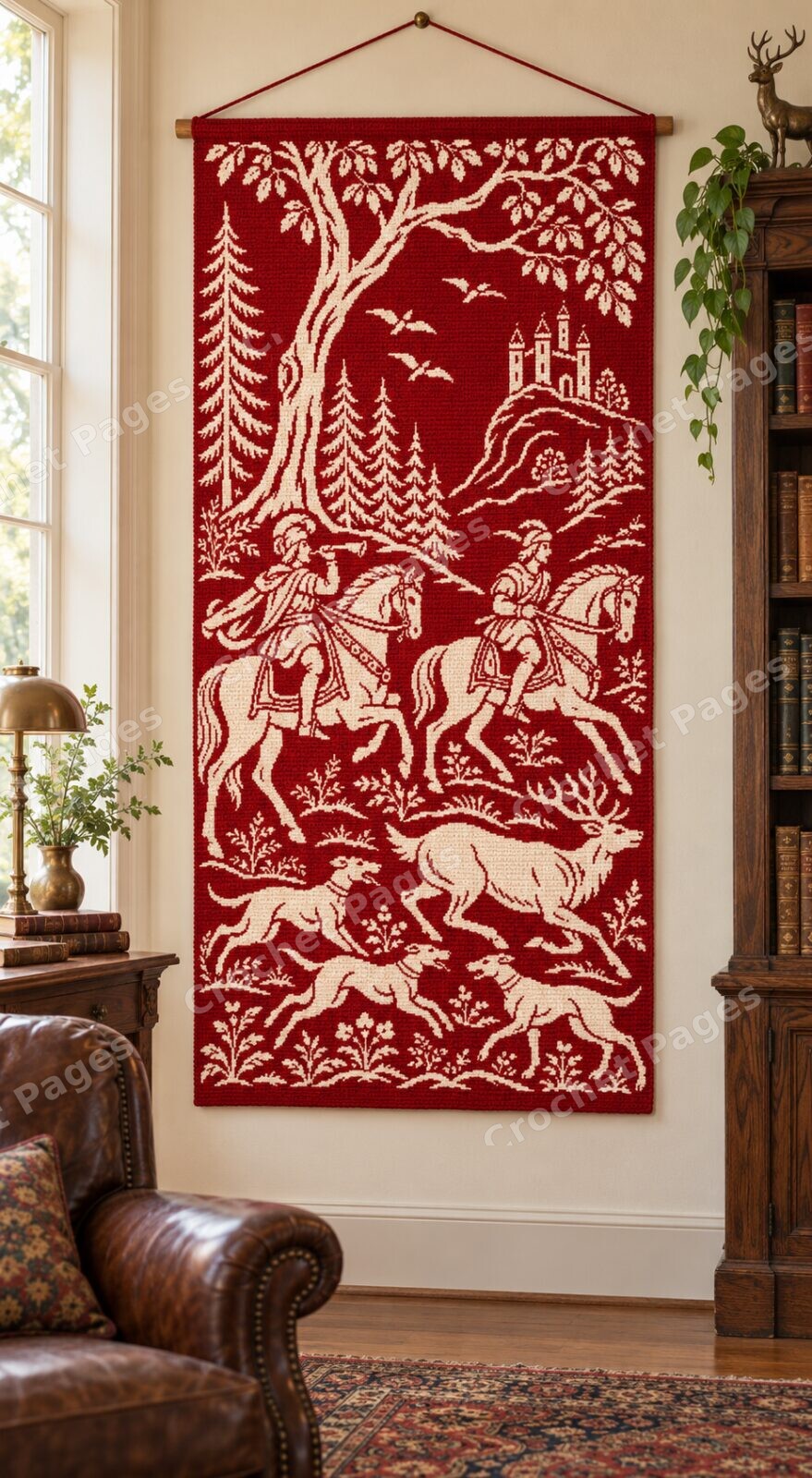 Medieval Stag Hunt crochet wall hanging room mockup with natural light and warm furnishings.