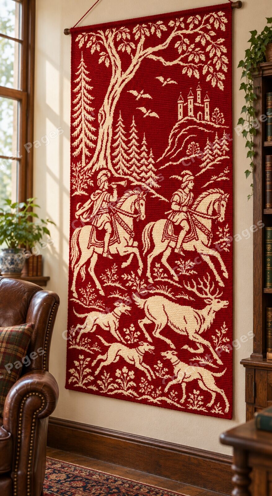 Angled detail mockup of Medieval Stag Hunt, showing the recognizable motifs and crochet yarn texture.