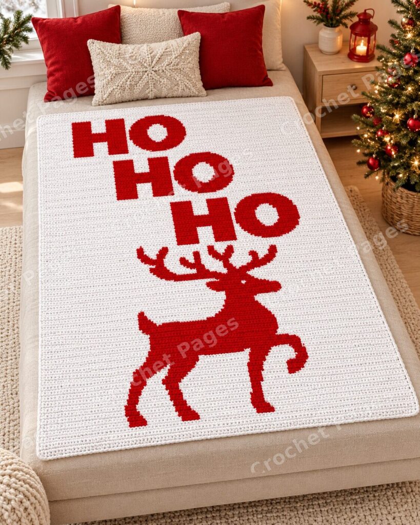 Ho Ho Ho Reindeer crochet blanket mockup, showing the full colorwork design in a cozy room.