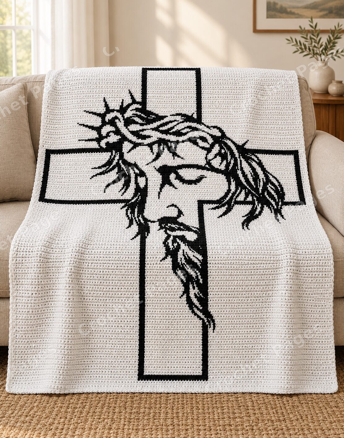 Christ Crown and Cross crochet blanket mockup, showing the full colorwork design in a cozy room.