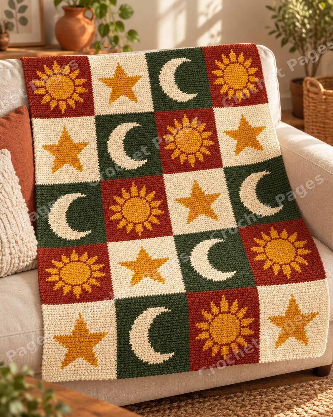Angled detail mockup of Earthy Celestial Patchwork, showing the recognizable motifs and crochet yarn texture.