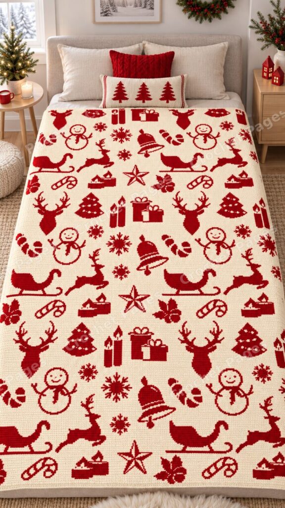 Red Christmas Icon Repeat crochet blanket mockup, showing the full colorwork design in a cozy room.