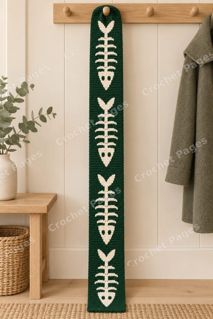 Forest Fishbone Scarf crochet scarf mockup, showing the full colorwork design in a cozy room.