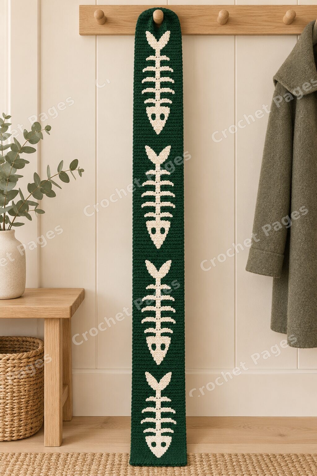 Forest Fishbone Scarf crochet scarf mockup, showing the full colorwork design in a cozy room.