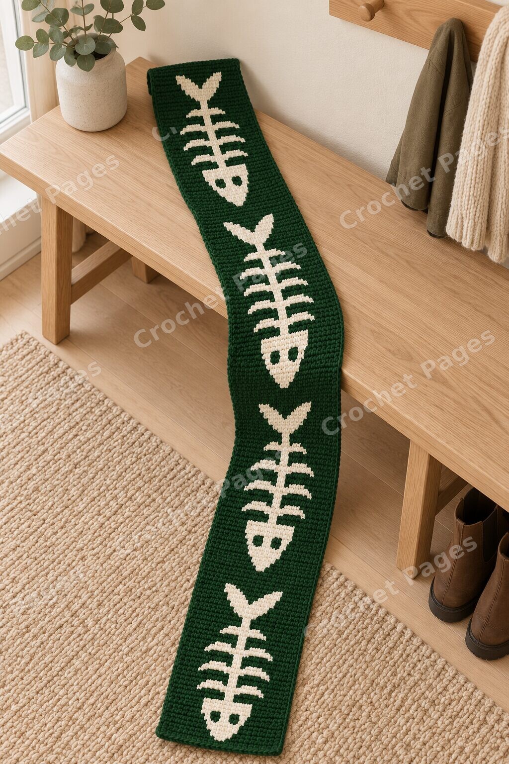 Forest Fishbone Scarf crochet scarf room mockup with natural light and warm furnishings.