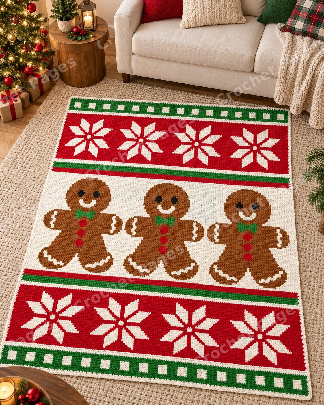 Gingerbread Snowflake Christmas crochet blanket room mockup with natural light and warm furnishings.