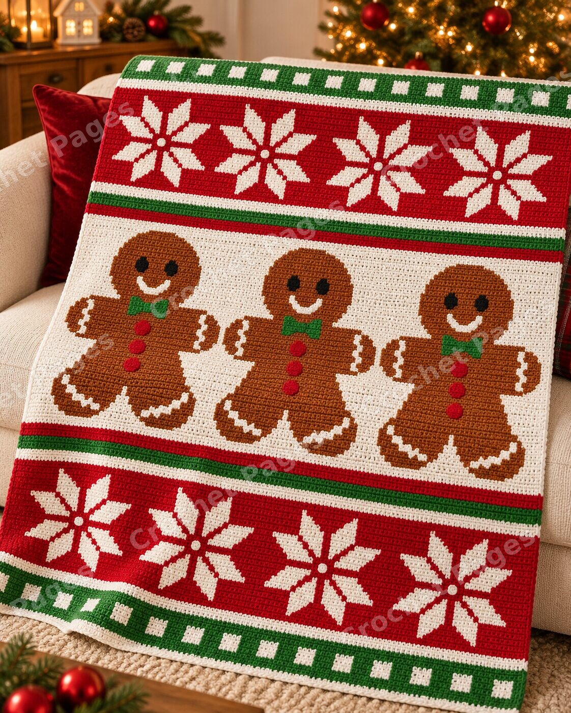 Angled detail mockup of Gingerbread Snowflake Christmas, showing the recognizable motifs and crochet yarn texture.