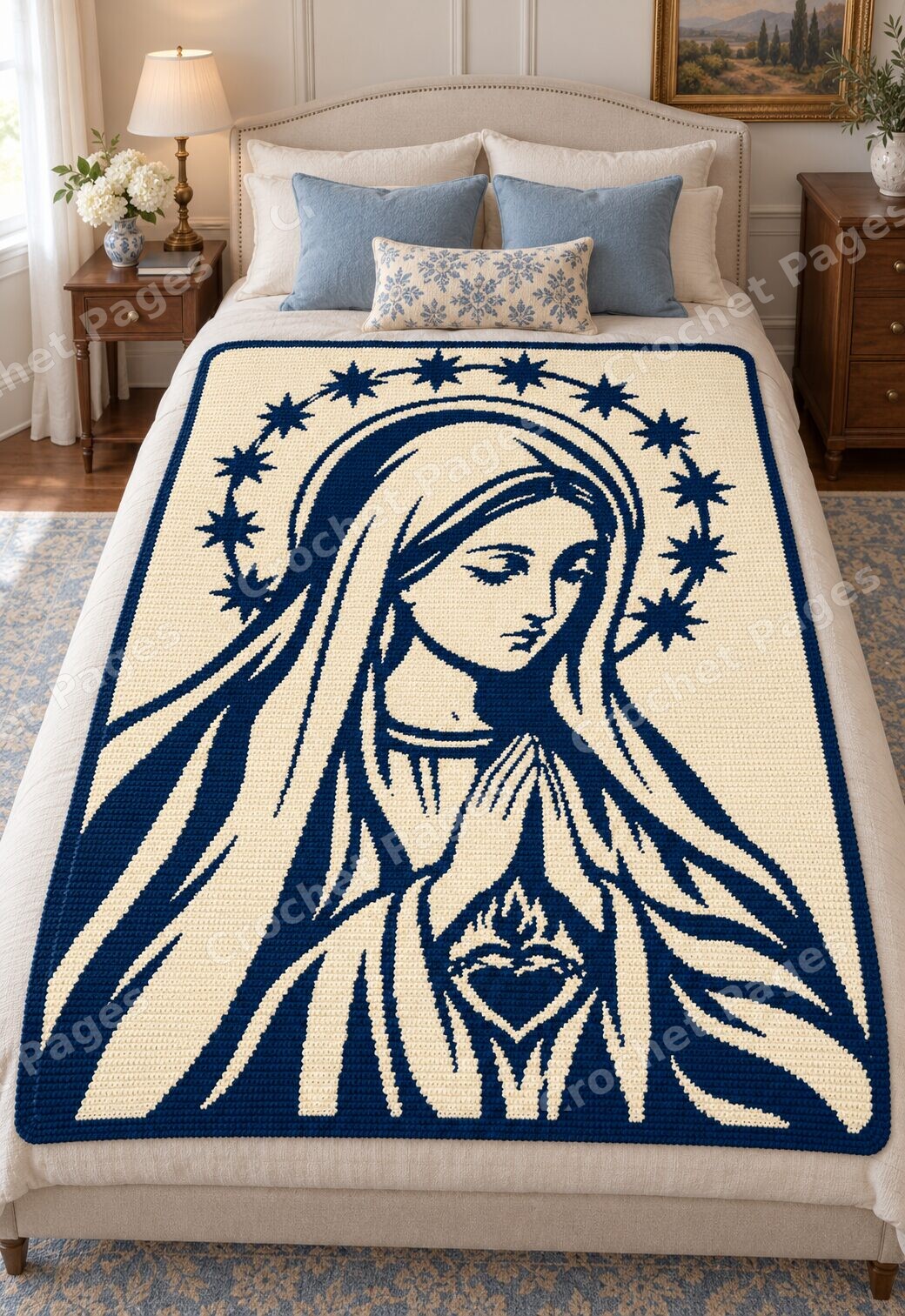 Praying Madonna crochet blanket mockup, showing the full colorwork design in a cozy room.