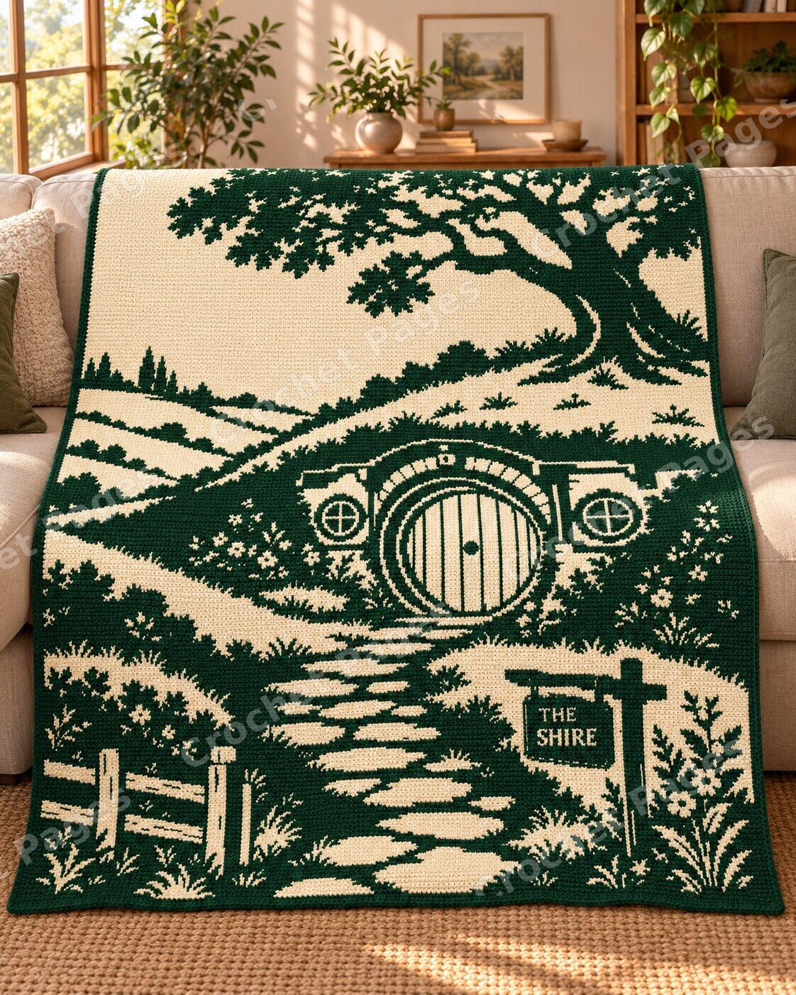 Woodland Round Door Cottage crochet blanket mockup, showing the full colorwork design in a cozy room.