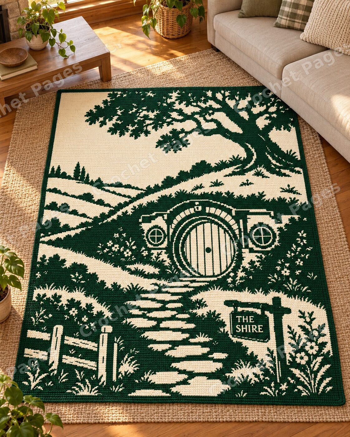 Woodland Round Door Cottage crochet blanket room mockup with natural light and warm furnishings.
