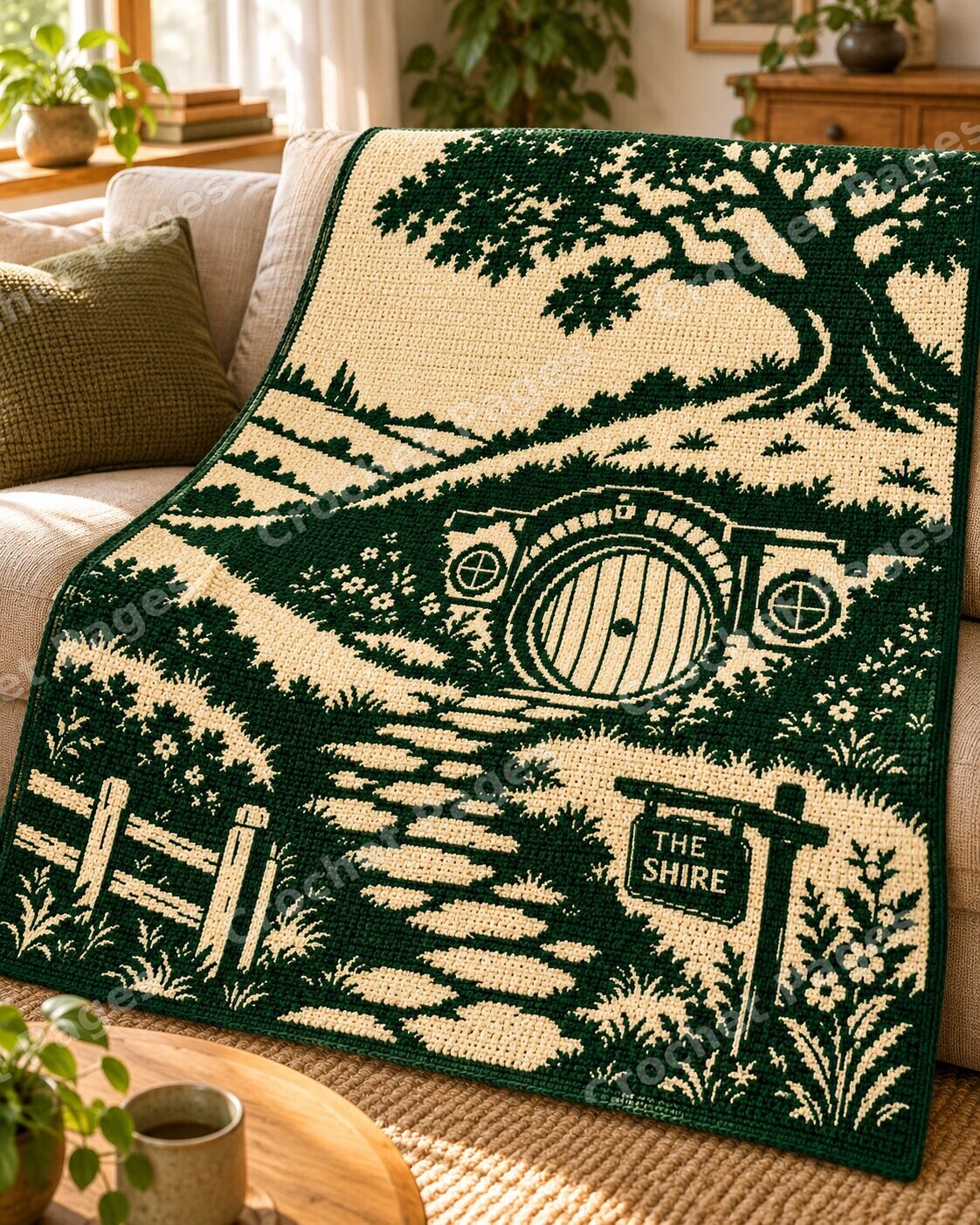 Angled detail mockup of Woodland Round Door Cottage, showing the recognizable motifs and crochet yarn texture.