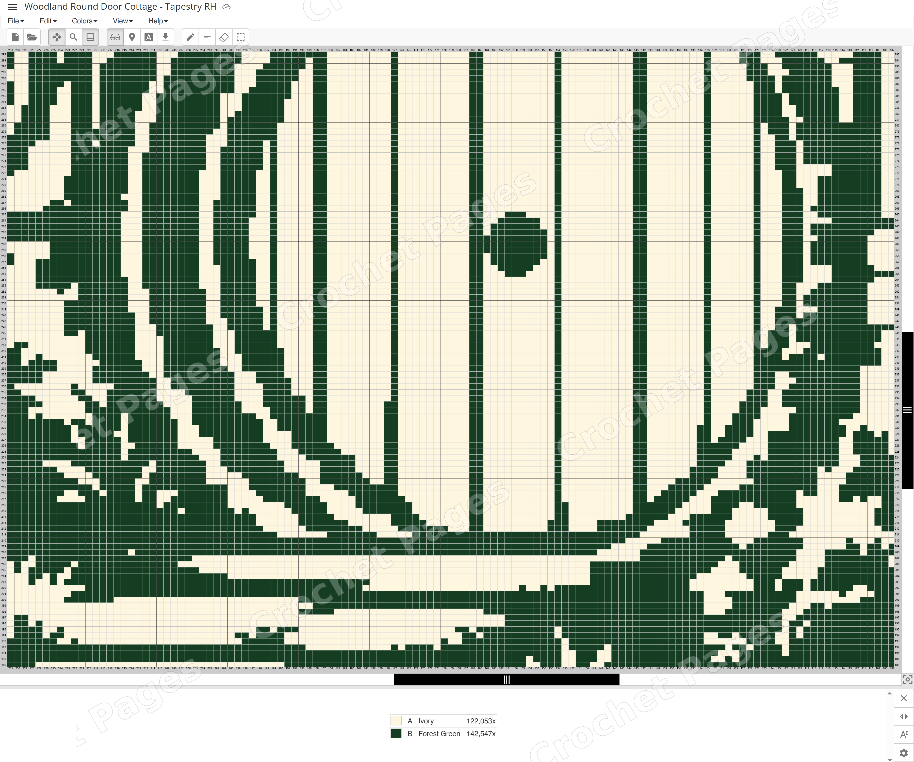 Actual Stitch Fiddle chart detail for Woodland Round Door Cottage, showing single crochet cells, row and stitch numbers and color legend. Partial chart only.