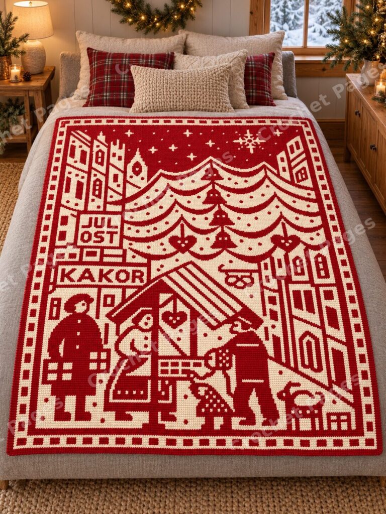 Scandinavian Christmas Market crochet blanket mockup, showing the full colorwork design in a cozy room.