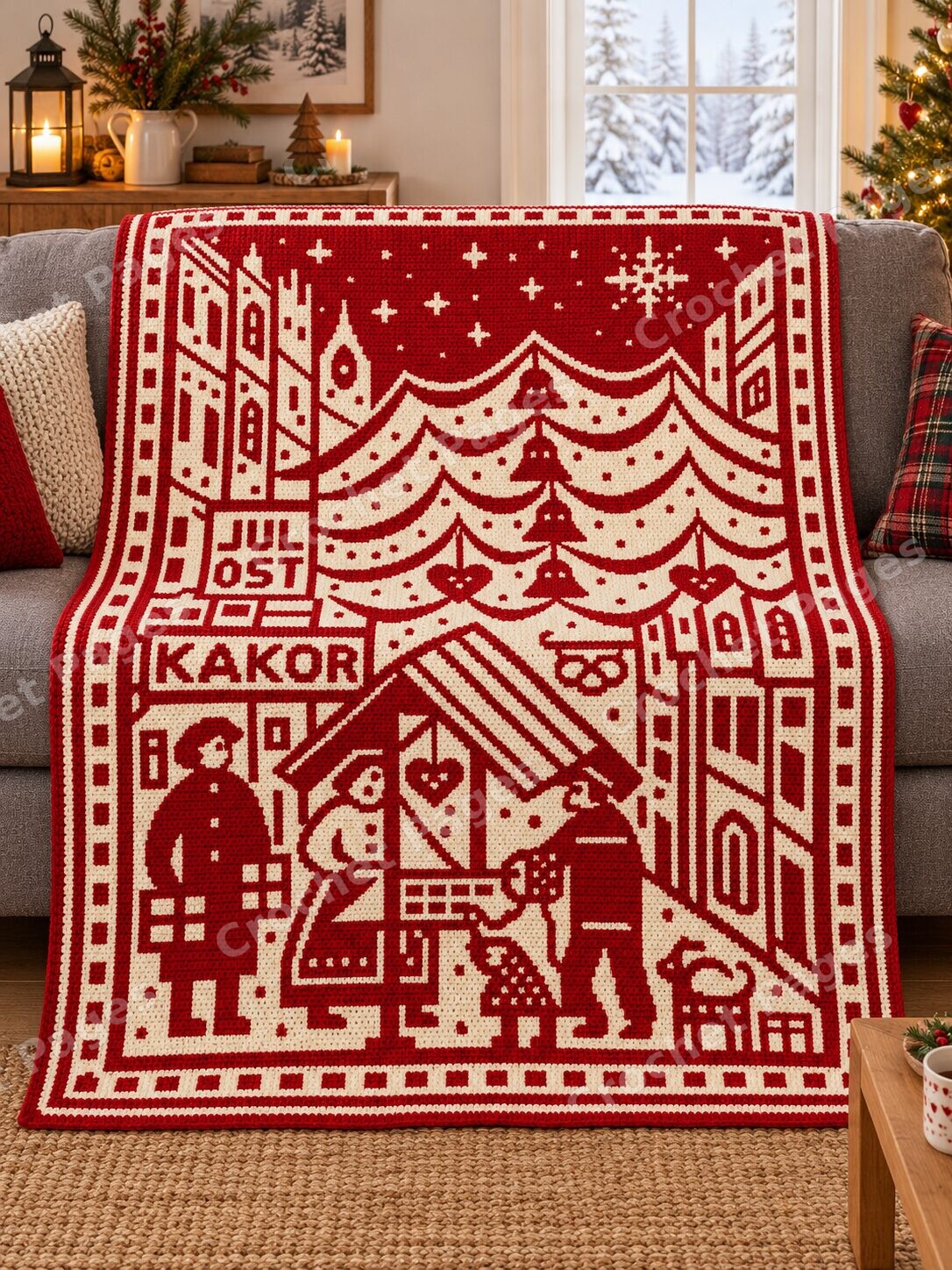 Scandinavian Christmas Market crochet blanket room mockup with natural light and warm furnishings.