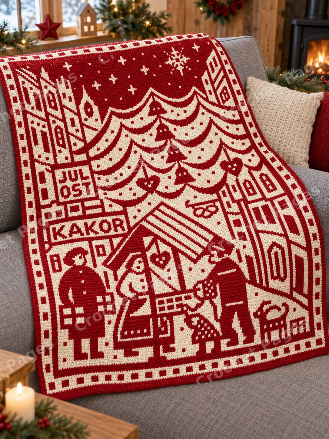 Angled detail mockup of Scandinavian Christmas Market, showing the recognizable motifs and crochet yarn texture.