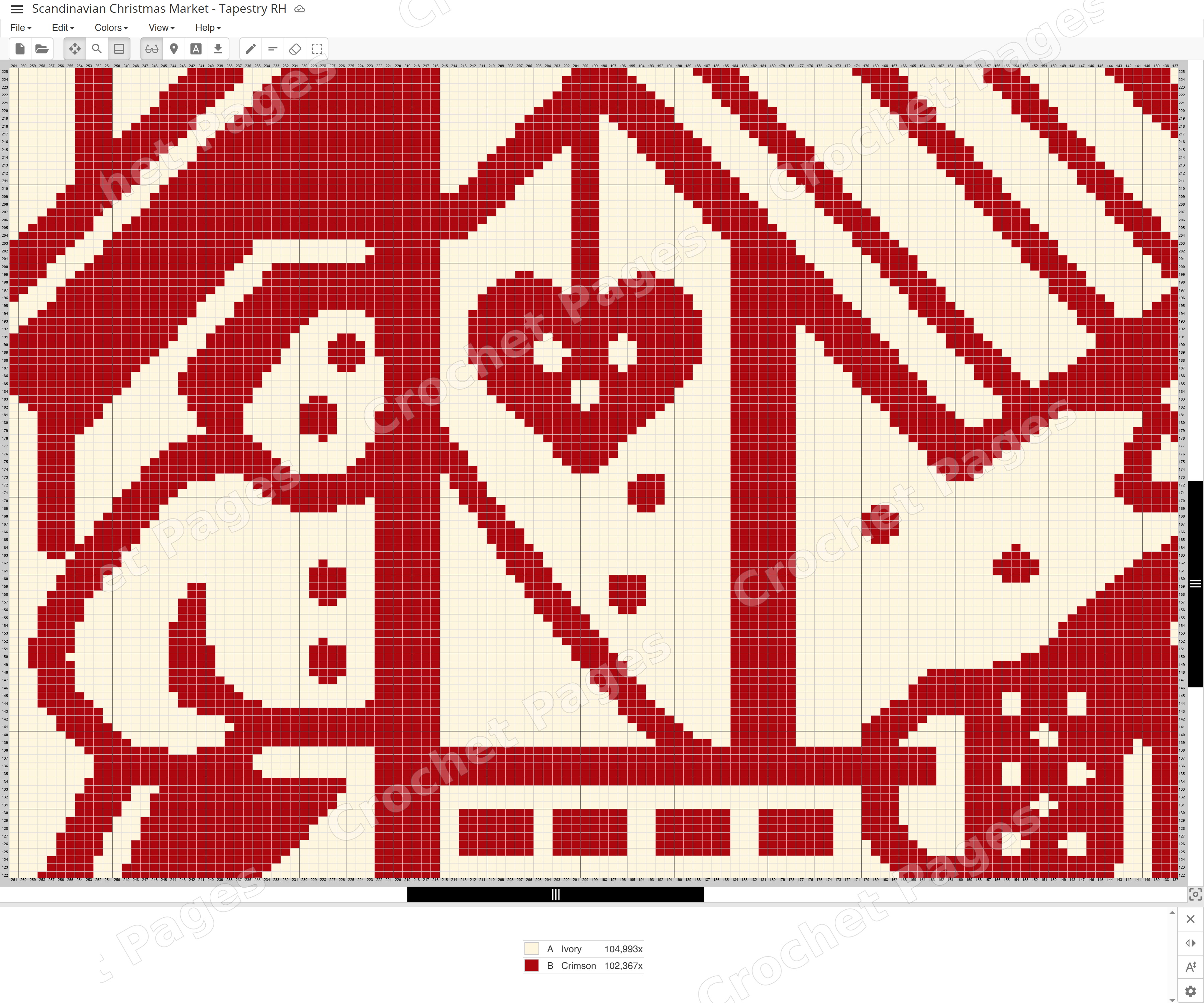 Actual Stitch Fiddle chart detail for Scandinavian Christmas Market, showing single crochet cells, row and stitch numbers and color legend. Partial chart only.