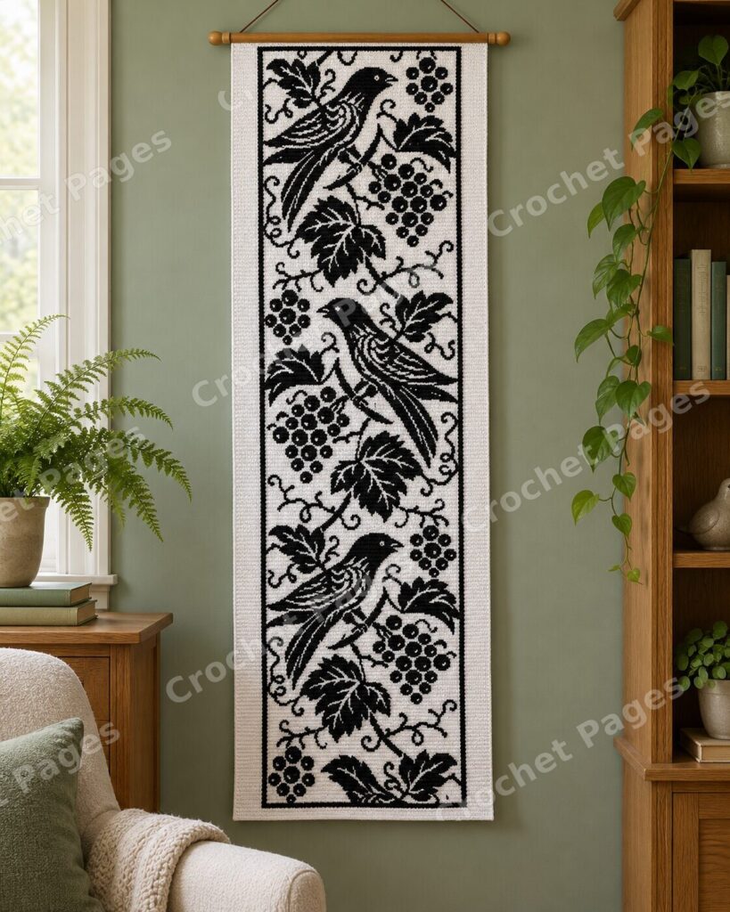 Songbirds Grapevine Panel crochet wall hanging mockup, showing the full colorwork design in a cozy room.