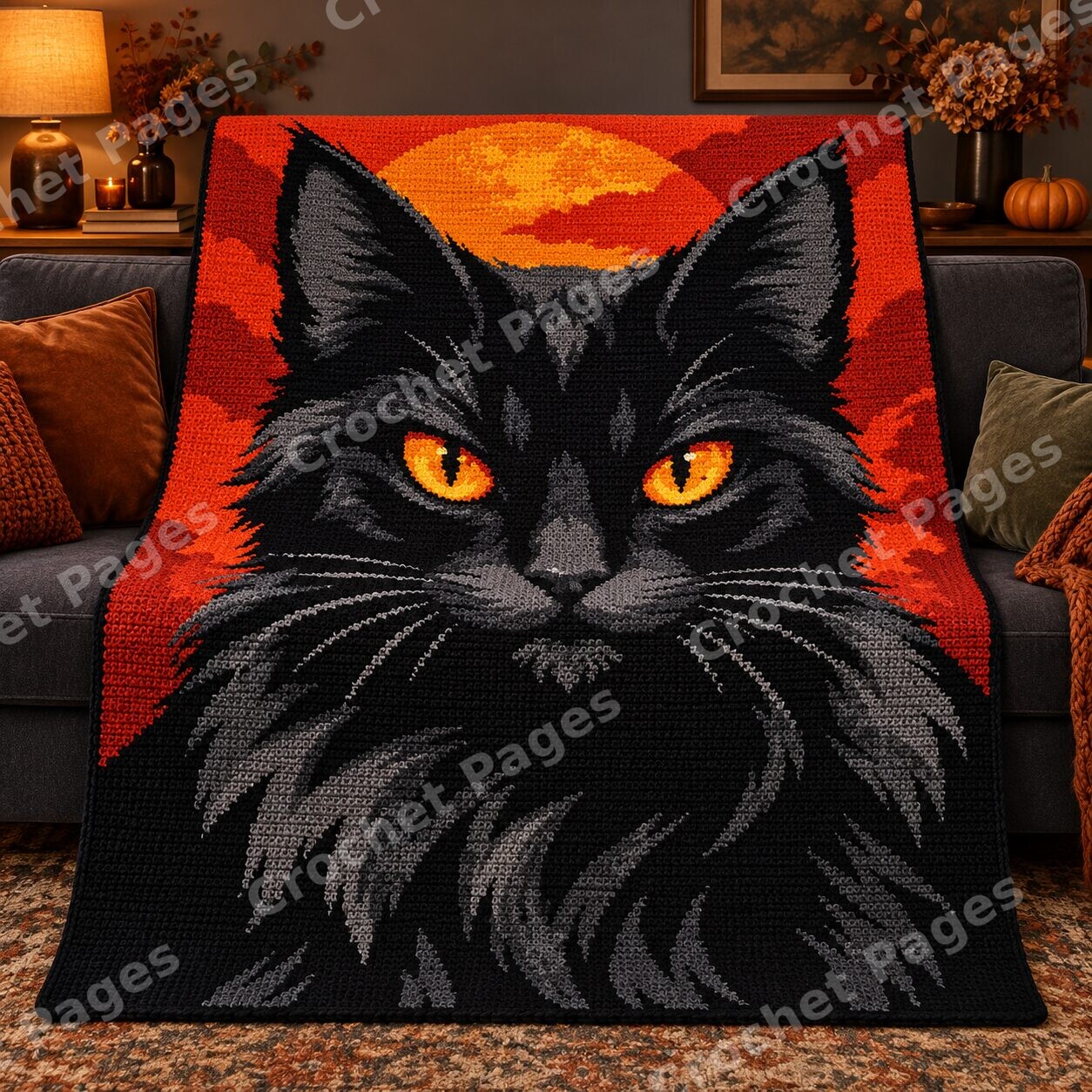 Black Cat and Orange Moon crochet blanket mockup, showing the full colorwork design in a cozy room.