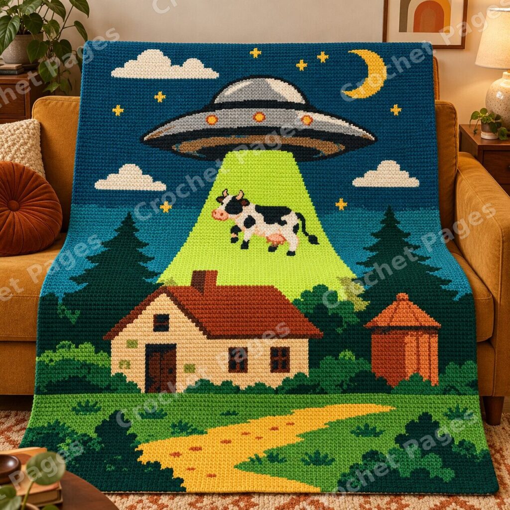 UFO Cow Abduction crochet blanket mockup, showing the full colorwork design in a cozy room.