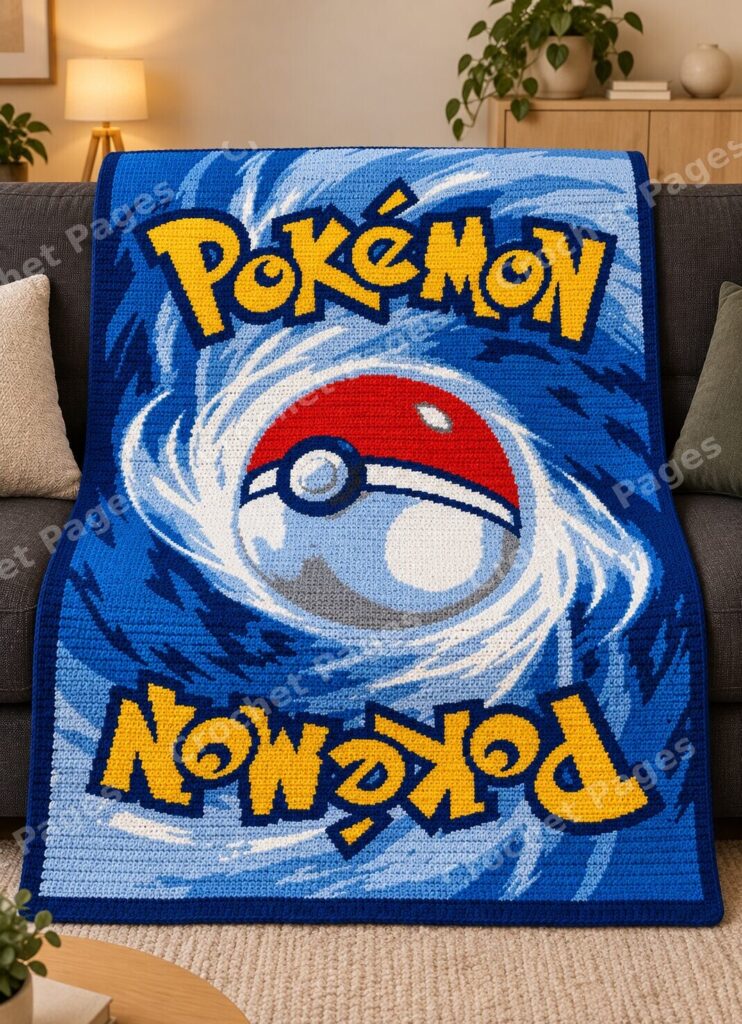Pokemon Card Back crochet blanket mockup, showing the full colorwork design in a cozy room.