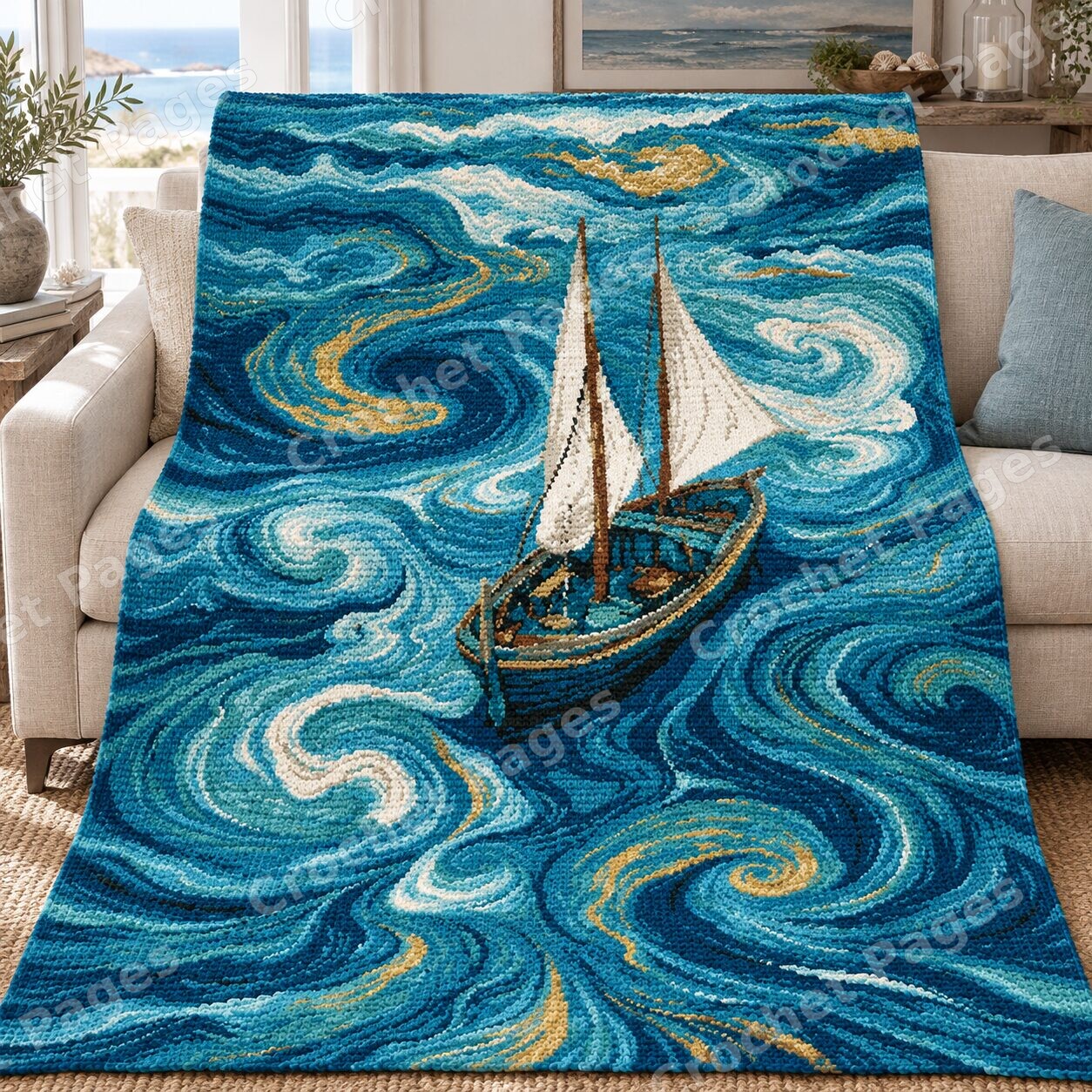 Sailboat on a Swirling Sea crochet blanket mockup, showing the full colorwork design in a cozy room.
