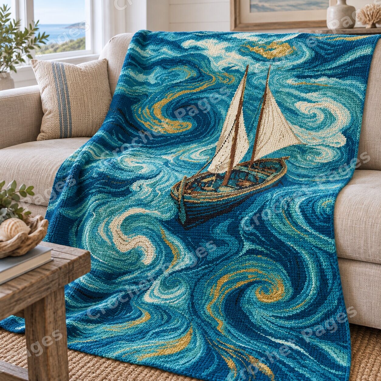 Sailboat on a Swirling Sea crochet blanket room mockup with natural light and warm furnishings.