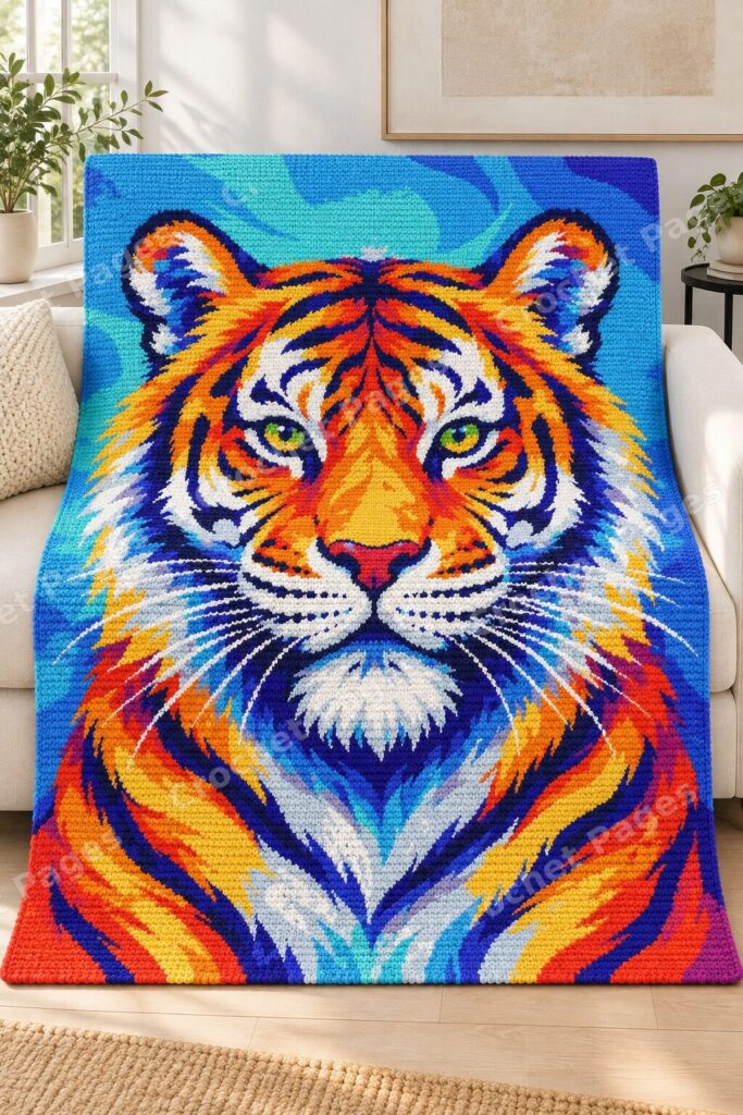 Rainbow Tiger Portrait crochet blanket mockup, showing the full colorwork design in a cozy room.