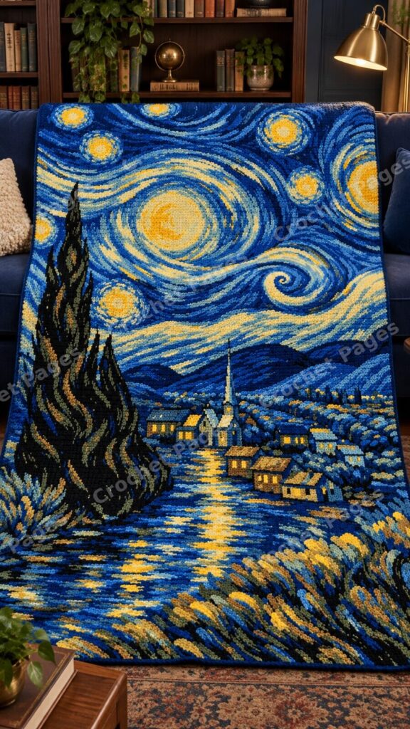 Starry Village Night crochet blanket mockup, showing the full colorwork design in a cozy room.