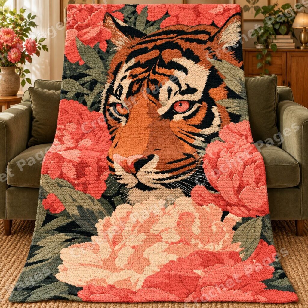 Tiger and Coral Peonies crochet blanket mockup, showing the full colorwork design in a cozy room.