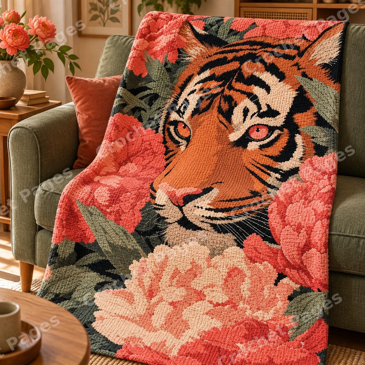 Tiger and Coral Peonies crochet blanket room mockup with natural light and warm furnishings.