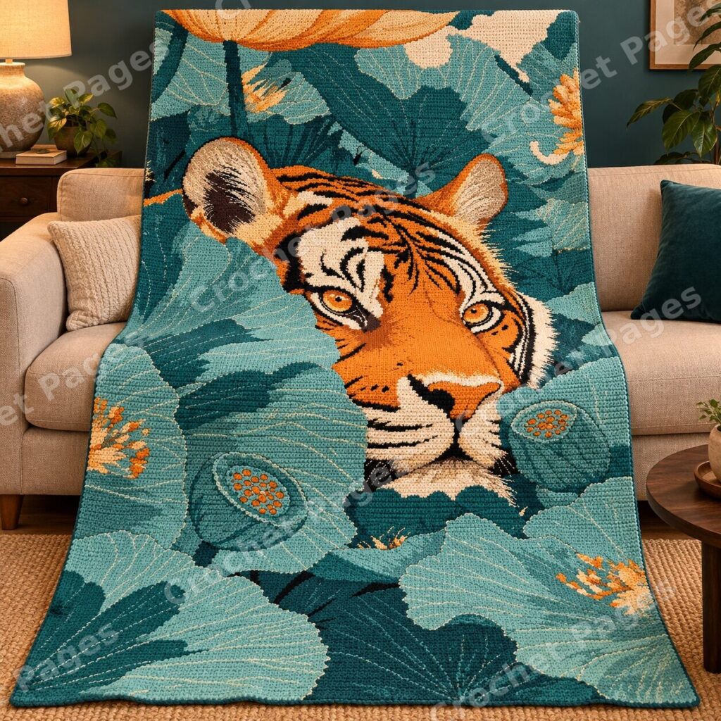 Tiger in Teal Lotus Leaves crochet blanket mockup, showing the full colorwork design in a cozy room.