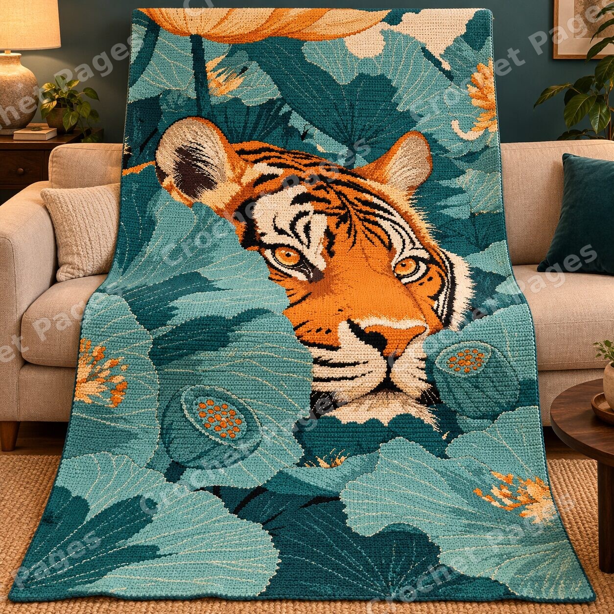 Tiger in Teal Lotus Leaves crochet blanket mockup, showing the full colorwork design in a cozy room.