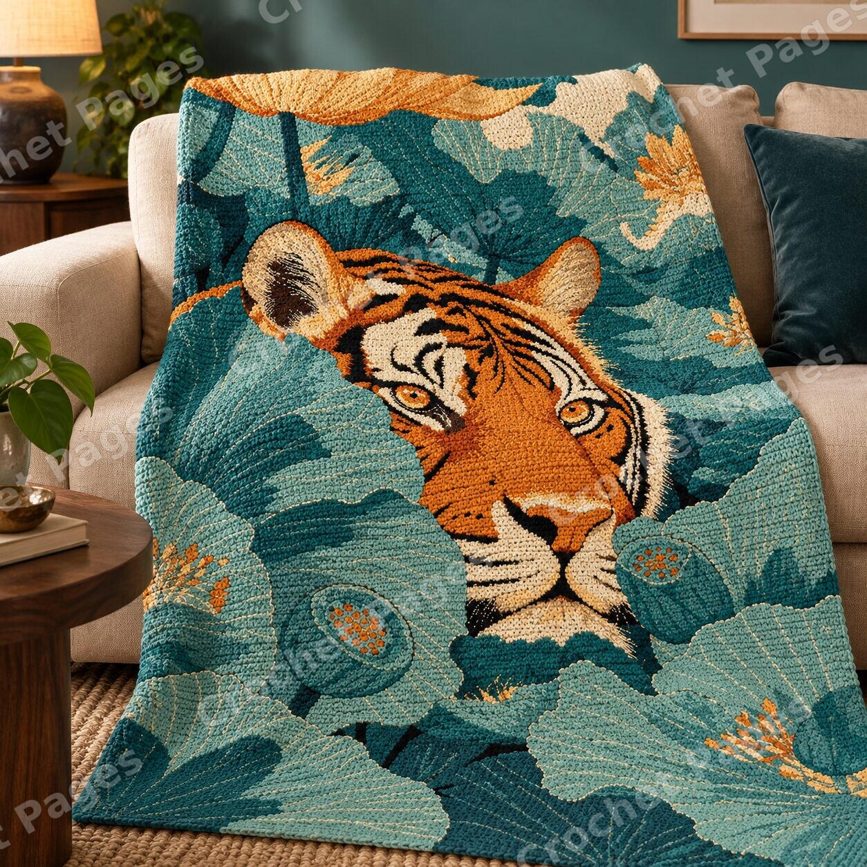 Tiger in Teal Lotus Leaves crochet blanket room mockup with natural light and warm furnishings.