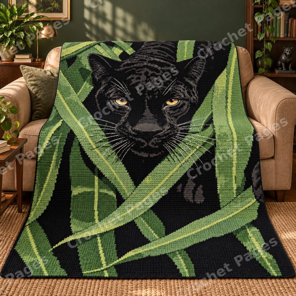 Black Panther in Jungle Leaves crochet blanket mockup, showing the full colorwork design in a cozy room.
