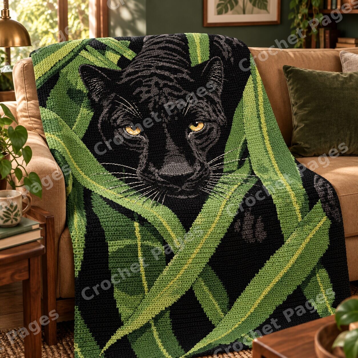 Black Panther in Jungle Leaves crochet blanket room mockup with natural light and warm furnishings.