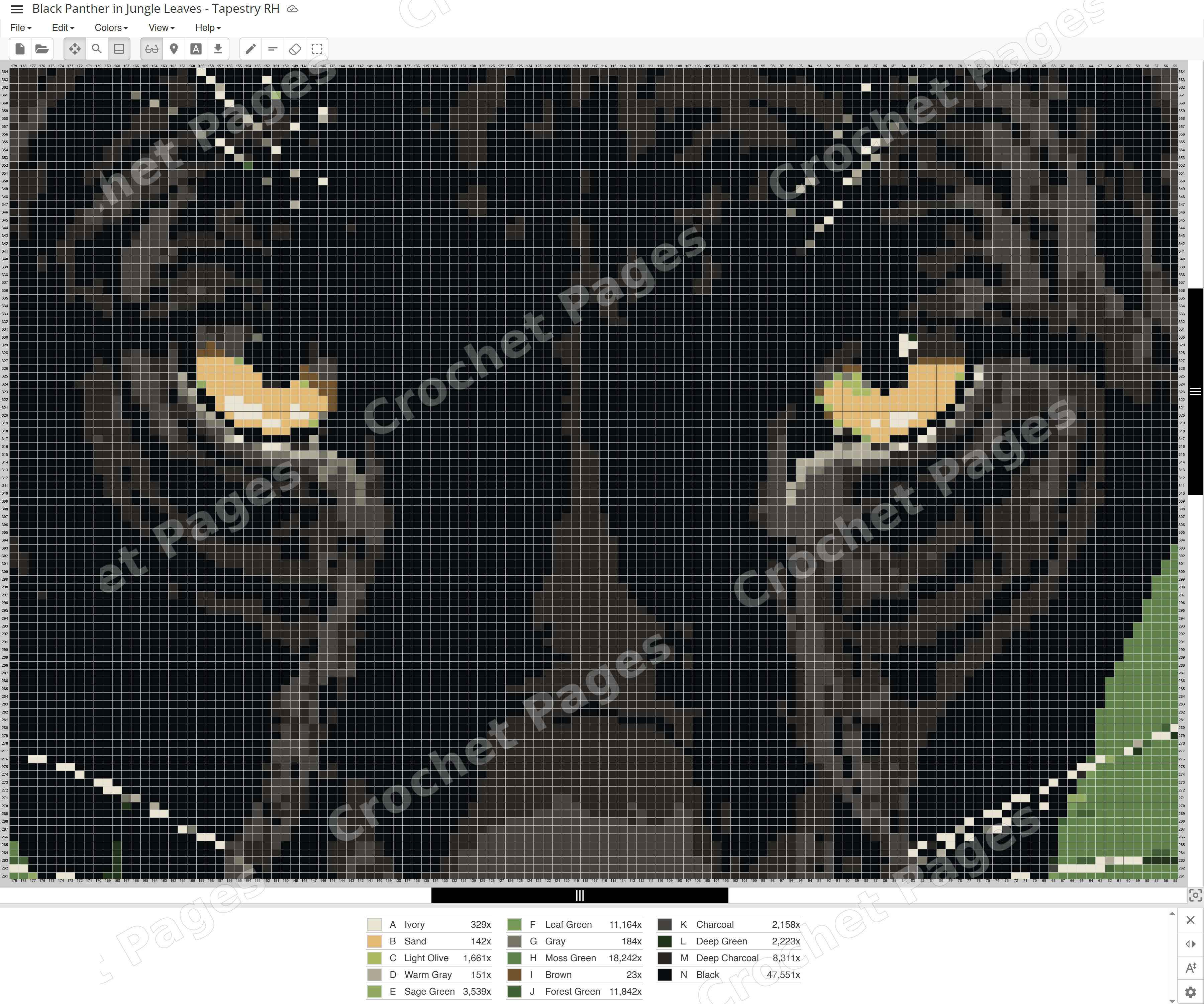 Actual partial Stitch Fiddle chart for Black Panther in Jungle Leaves, showing the stitch grid and yarn color key. Complete charts and written rows are supplied only in the purchased pattern.