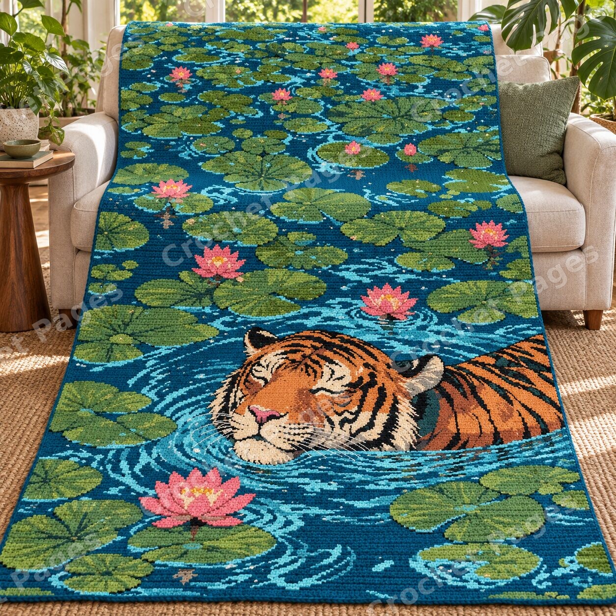 Tiger in a Water Lily Pond crochet blanket mockup, showing the full colorwork design in a cozy room.