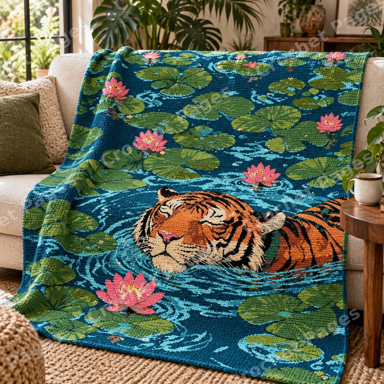 Tiger in a Water Lily Pond crochet blanket room mockup with natural light and warm furnishings.