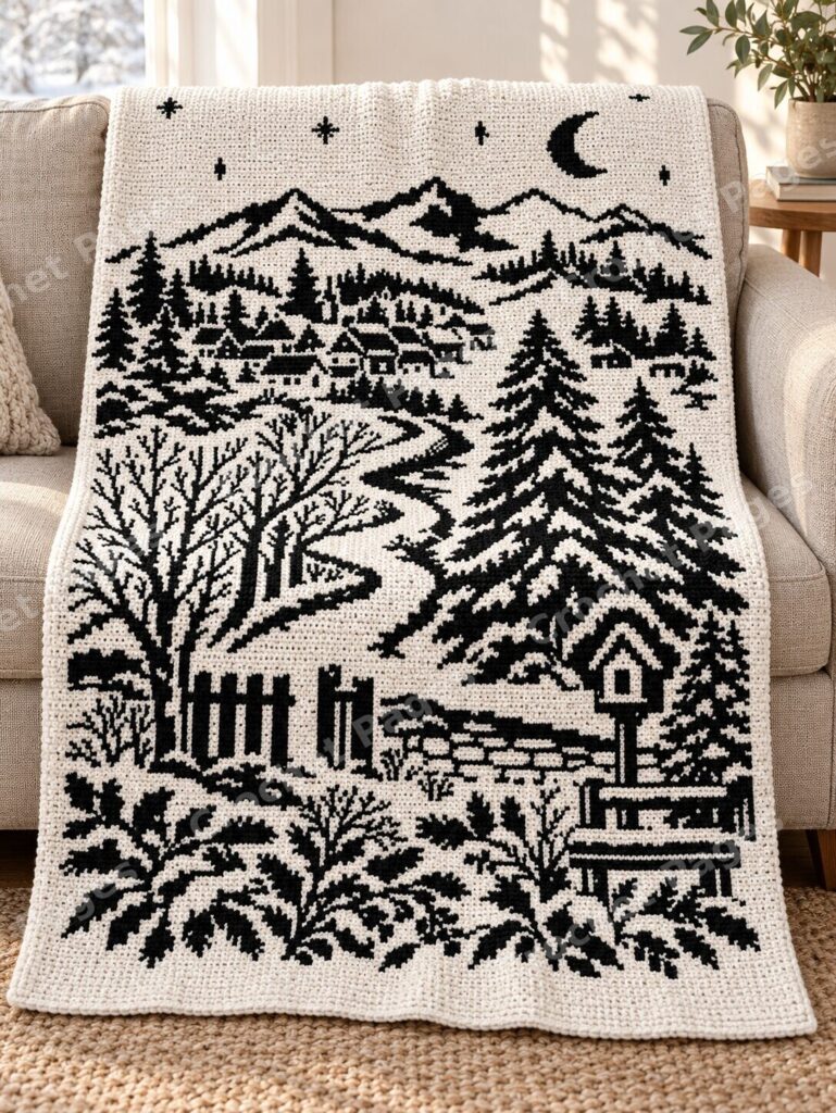 Winter Village Landscape crochet blanket large blanket mockup draped over a sofa