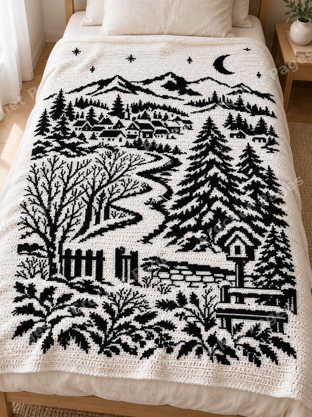 Winter Village Landscape crochet blanket large blanket mockup styled in a bedroom
