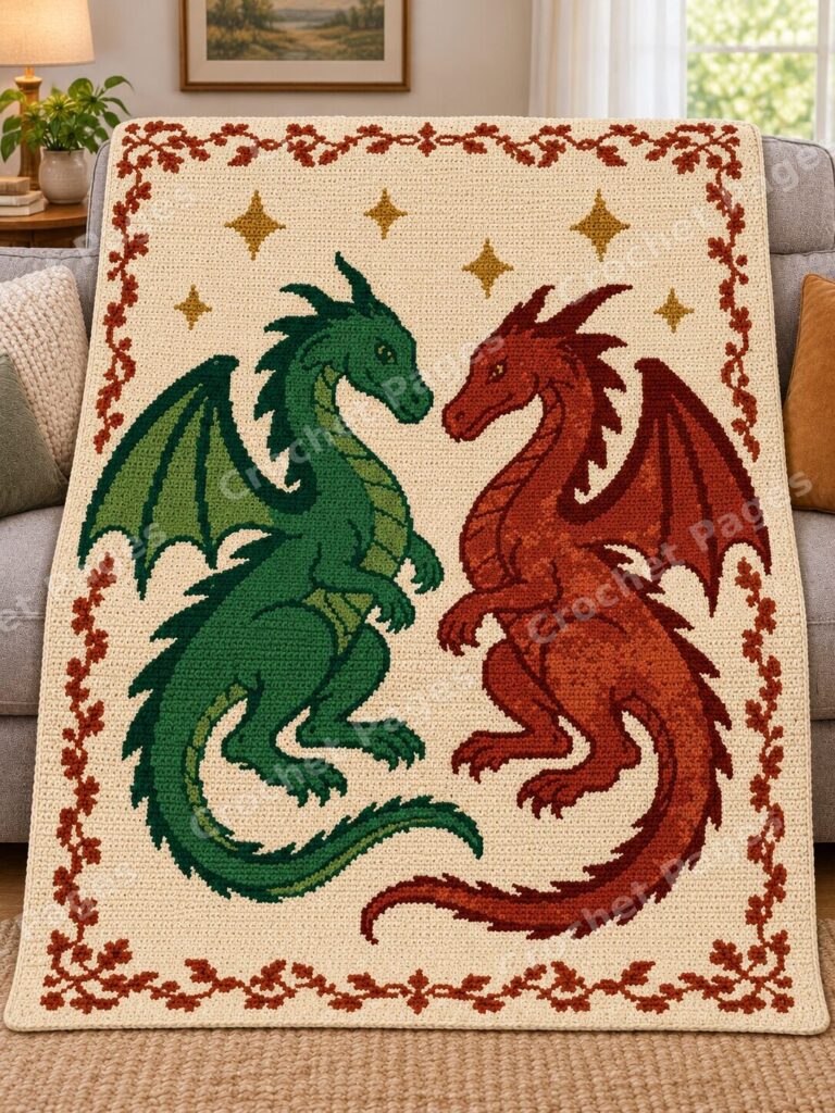 Two Dragons Folk Panel crochet blanket large blanket mockup draped over a sofa