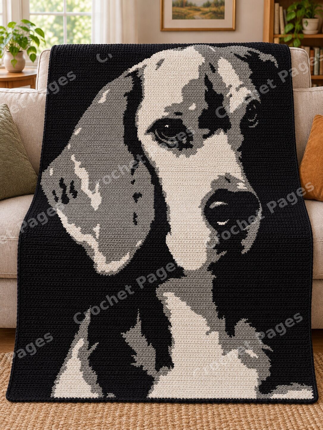 Beagle Portrait crochet blanket large blanket mockup draped over a sofa