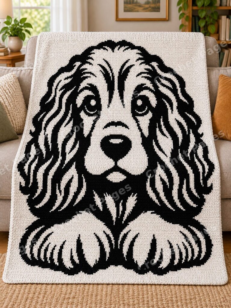Spaniel Puppy crochet blanket large blanket mockup draped over a sofa