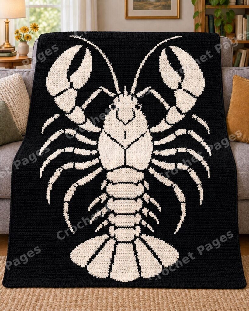 Upright Lobster crochet blanket large blanket mockup draped over a sofa