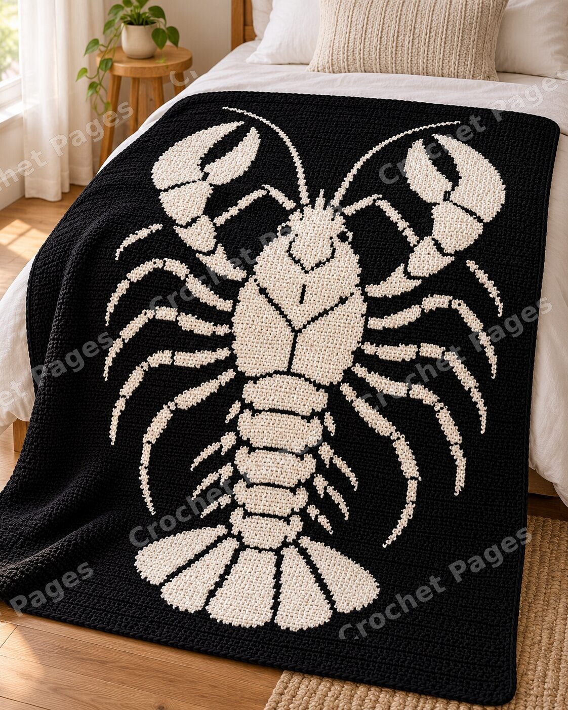 Upright Lobster crochet blanket large blanket mockup styled in a bedroom