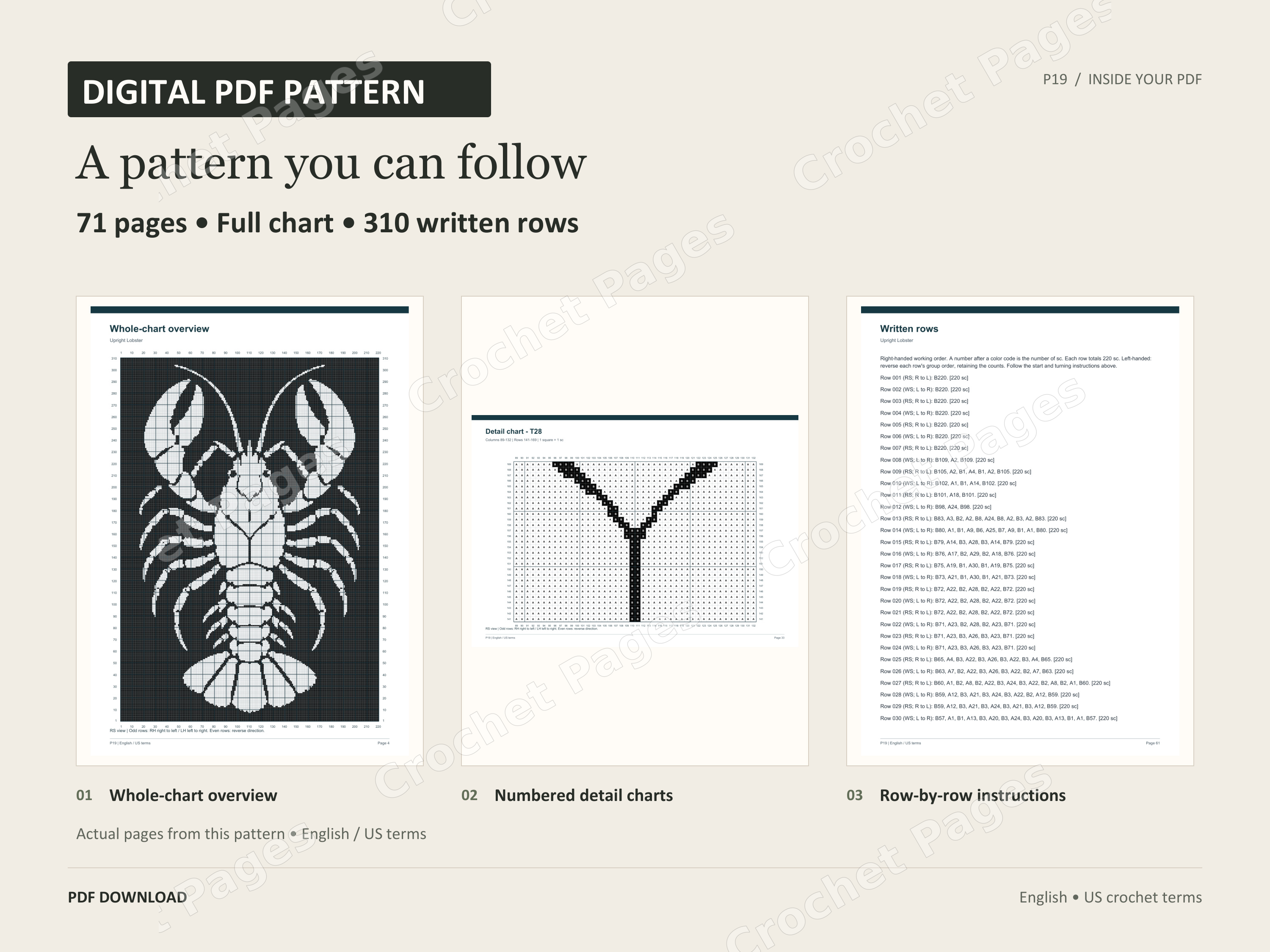 Upright Lobster crochet blanket sample chart and written row pages from the PDF