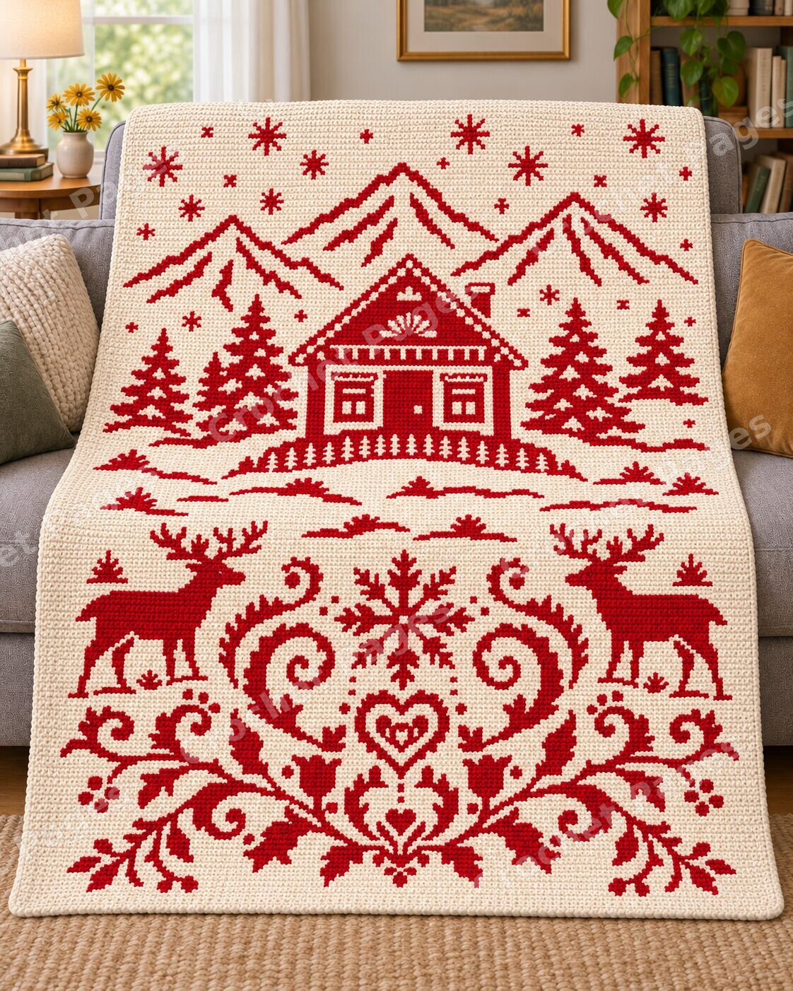 Alpine Reindeer Ornament crochet blanket large blanket mockup draped over a sofa