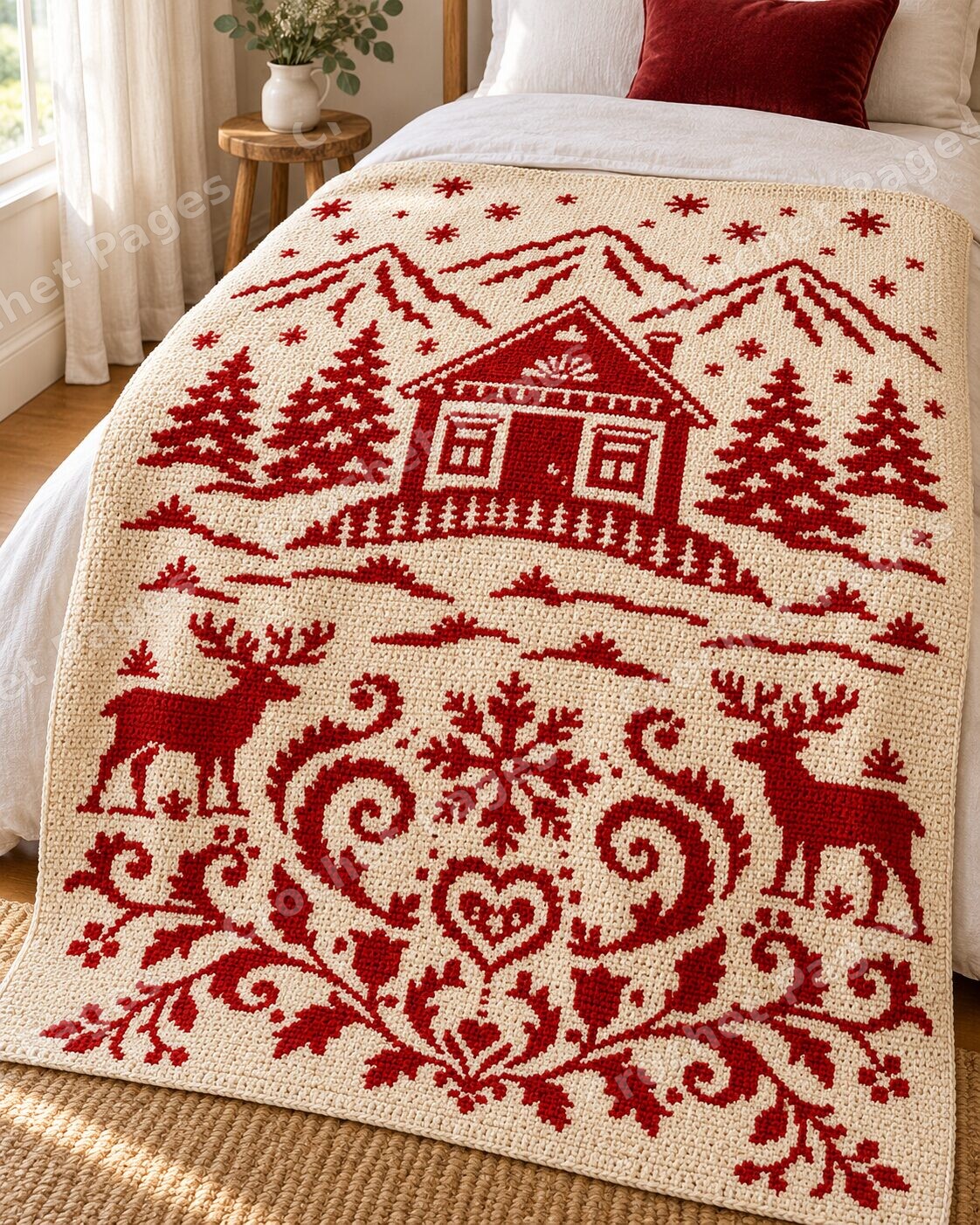Alpine Reindeer Ornament crochet blanket large blanket mockup styled in a bedroom